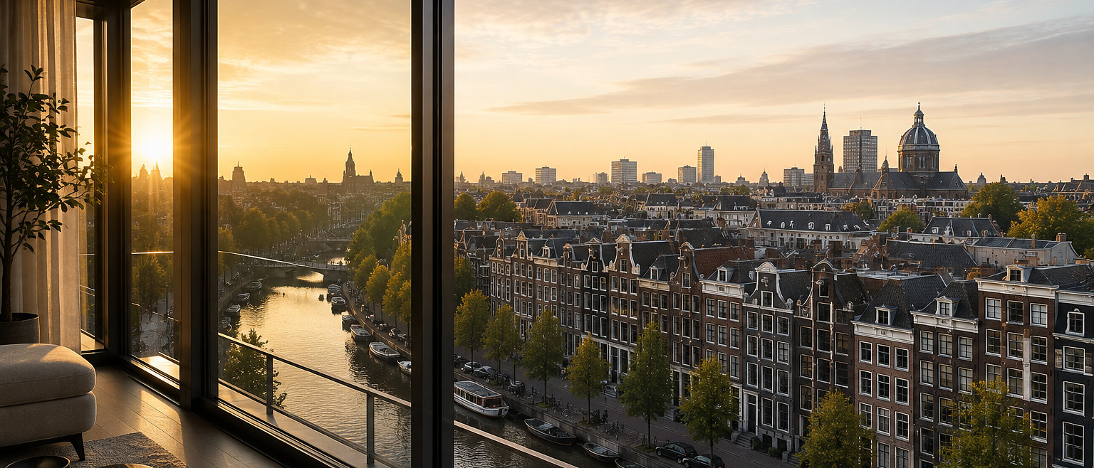Amsterdamse grachtengordel bij zonsondergang, gezien vanuit een appartement