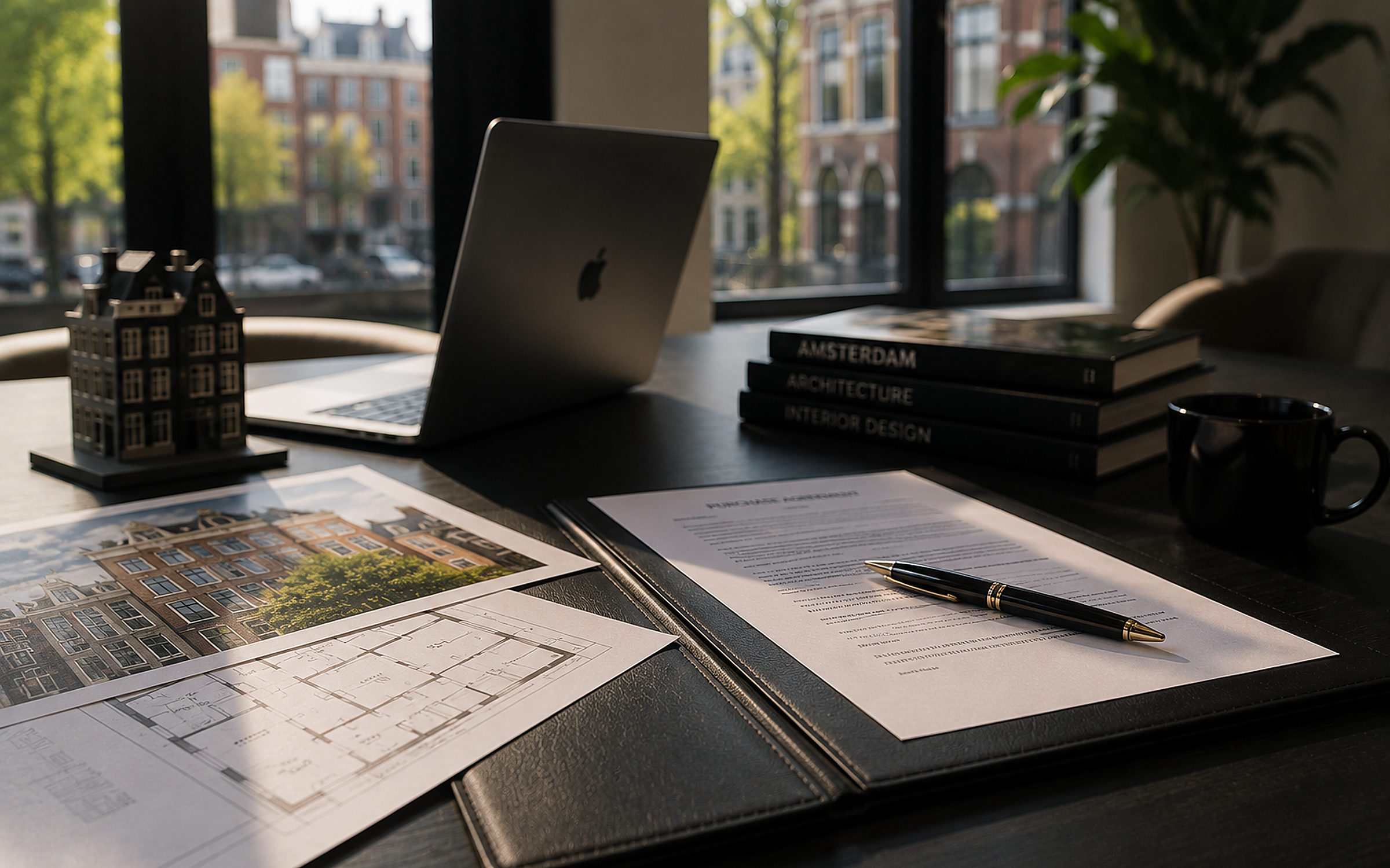 Koopovereenkomst, plattegrond en foto van een Amsterdams grachtenpand op een bureau
