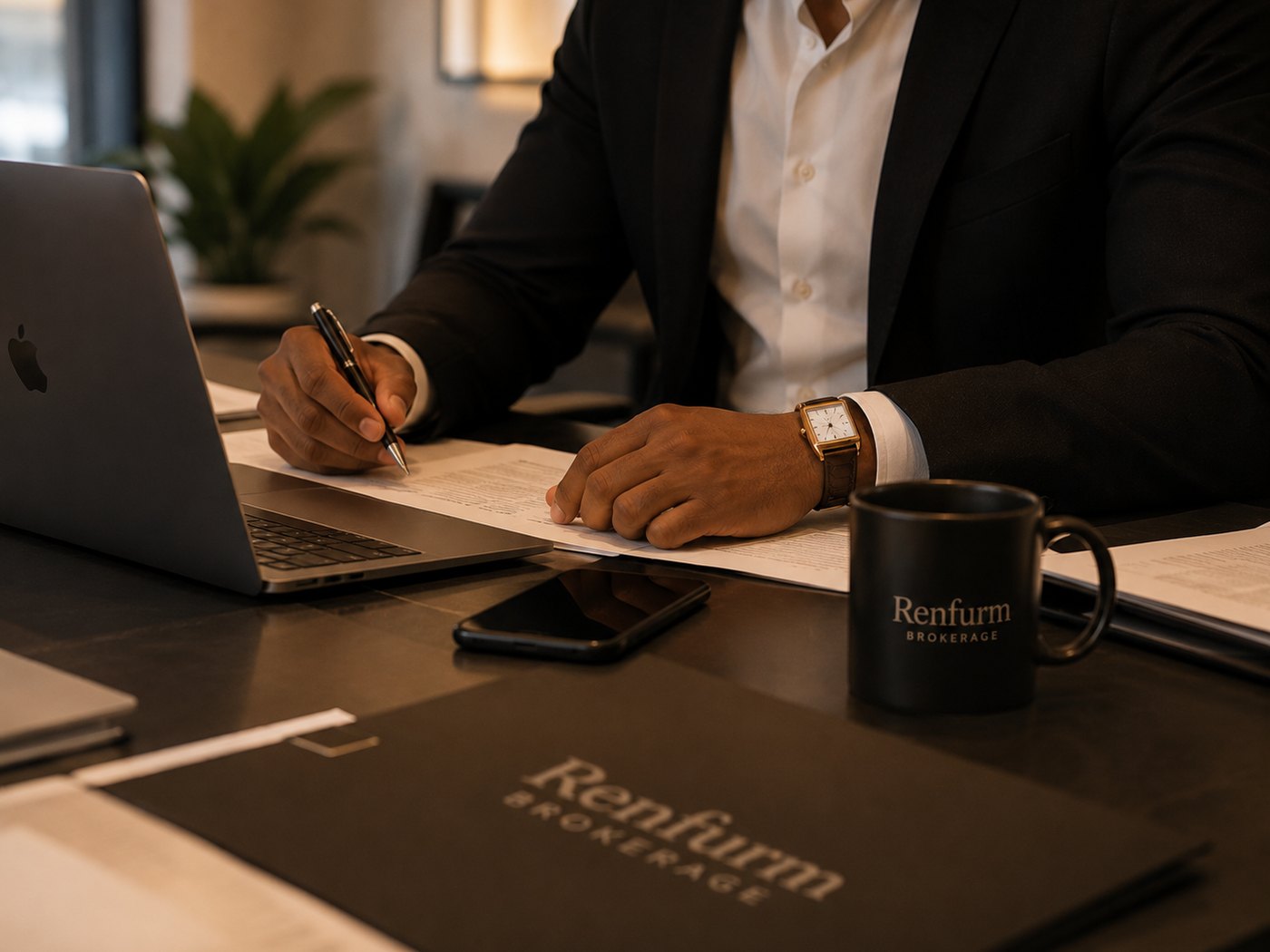 Makelaar van Renfurm Brokerage ondertekent een contract aan een bureau