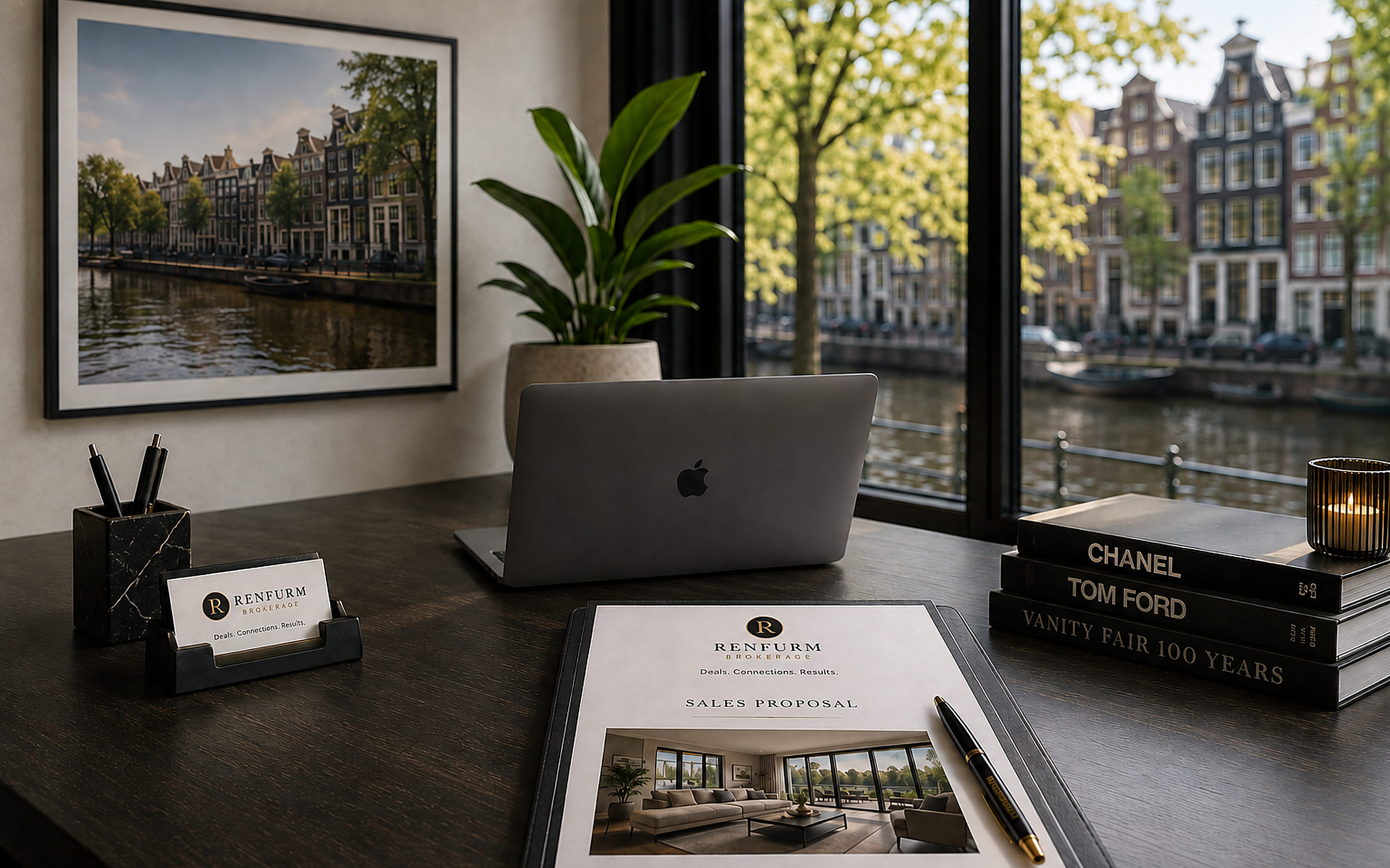 Verkoopvoorstel en visitekaartje van Renfurm Brokerage op een bureau aan de gracht