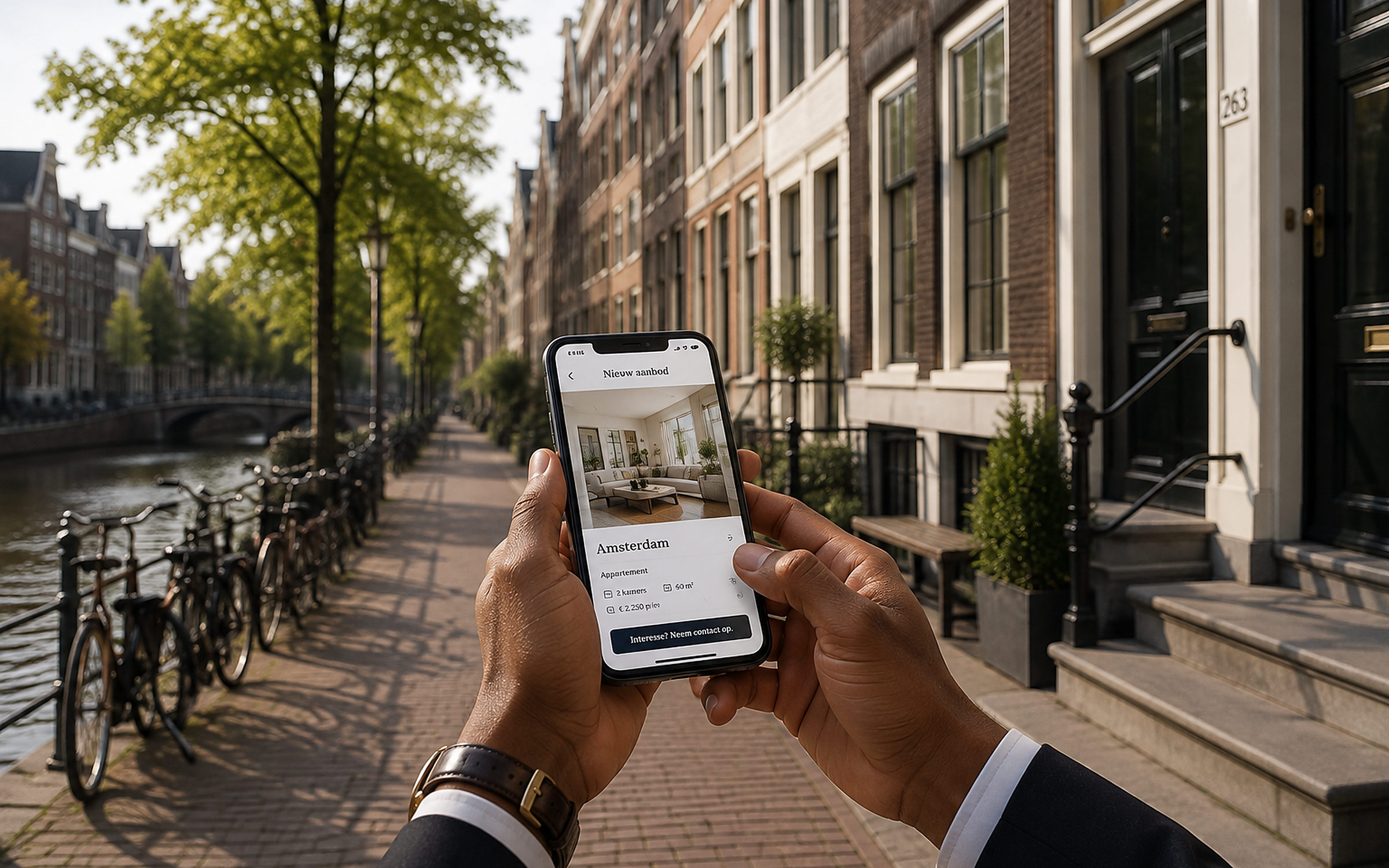 Woningaanbod op een telefoon voor een grachtenpand in Amsterdam