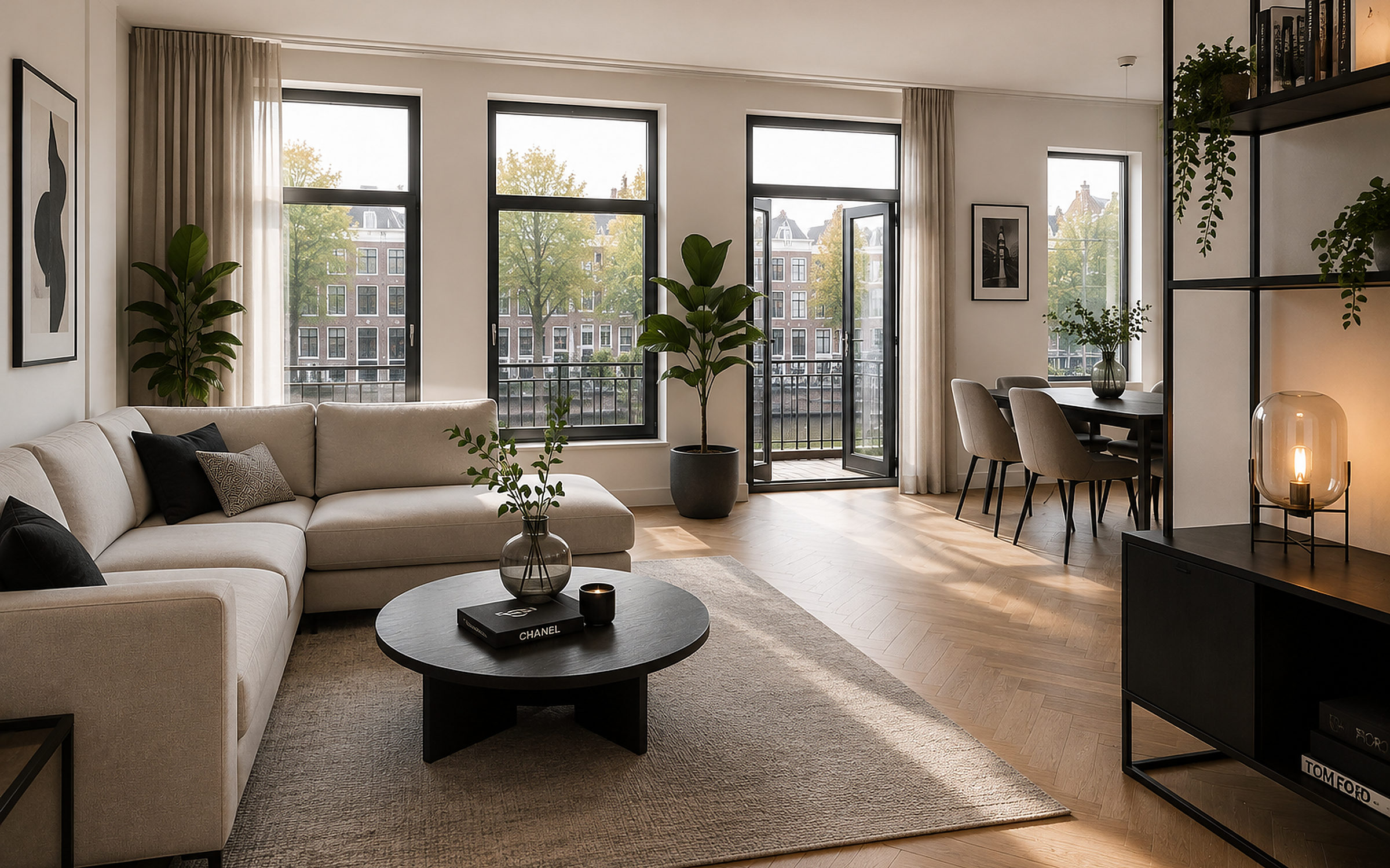 Lichte woonkamer van een te verhuren appartement aan een Amsterdamse gracht